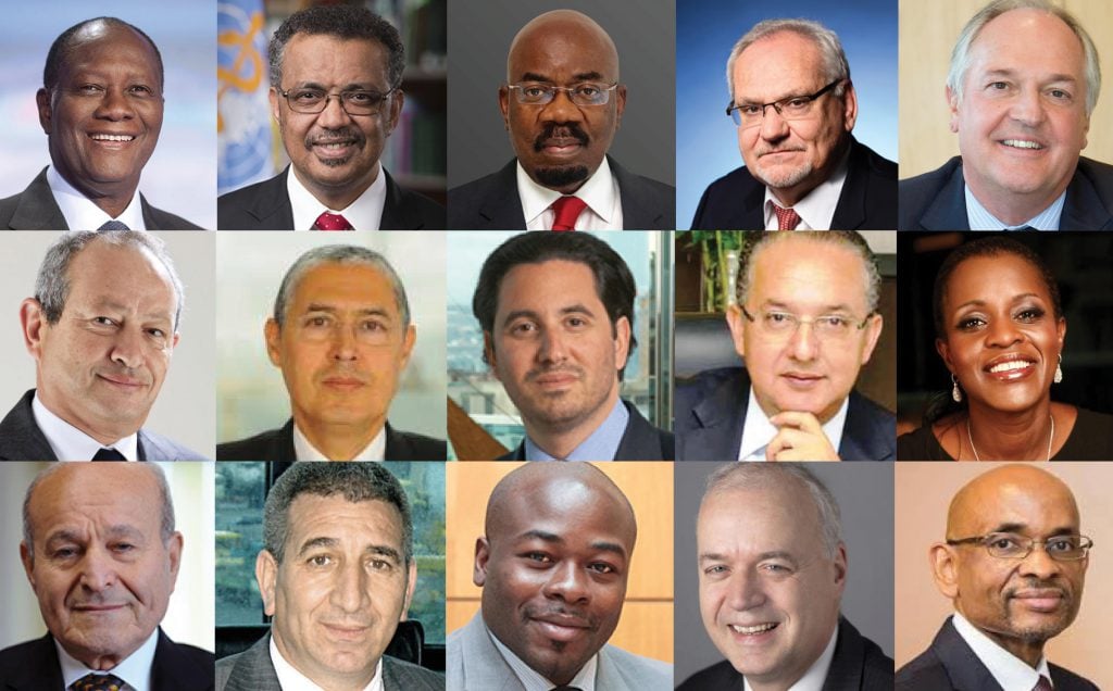 Les principaux invités (de gauche à droite) : Alassane Ouattara, Tedros Ghebreyesus, Jim Ovia, Philippe Le Houérou, Paul Polman, Naguib Sawiris,Mohamed El Kettani, Diego Aponte, Zouhaïr Bennani, Janine Kacou Diagou, Issad Rebrab, Abderrahmane Benhamadi, Alassane Doumbia, Bruno Mettling, Mossadeck Bally. © Montage Jeune Afrique