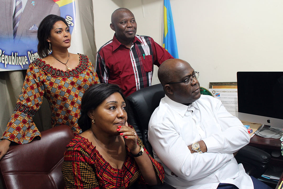 Les couples Tshisekedi et Kamerhe, le 10 janvier 2019, lors de l'annonce des résultats de l'élection présidentielle. © Trésor Kibangula/JA