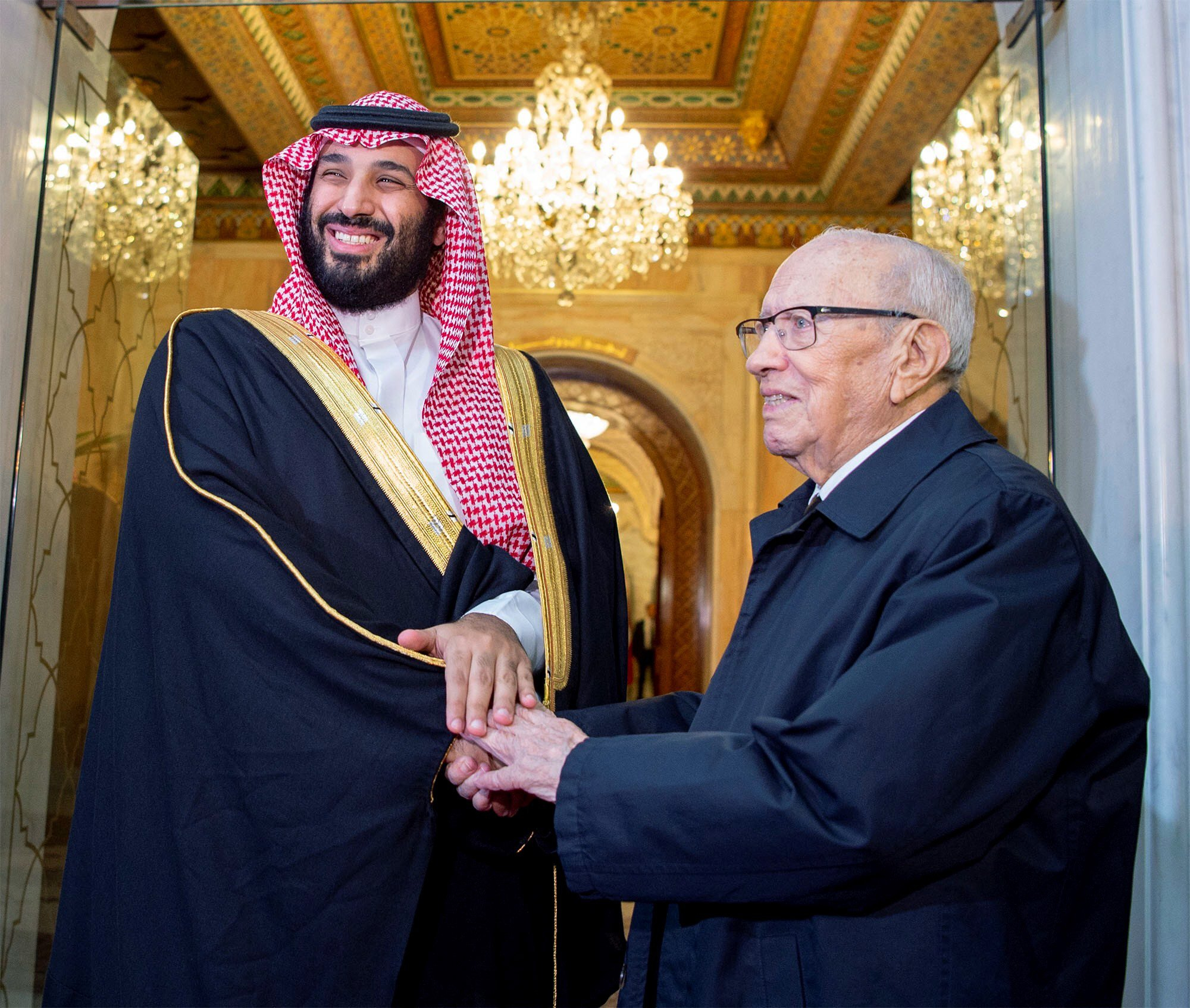 Mohamed Ben Salman avec le président tunisien, Béji Caïd Essebsi, le 27 novembre 2018, à Tunis. © Bandar Algaloud/Saudi Kingdom Council/Anadolu Agency/AFP