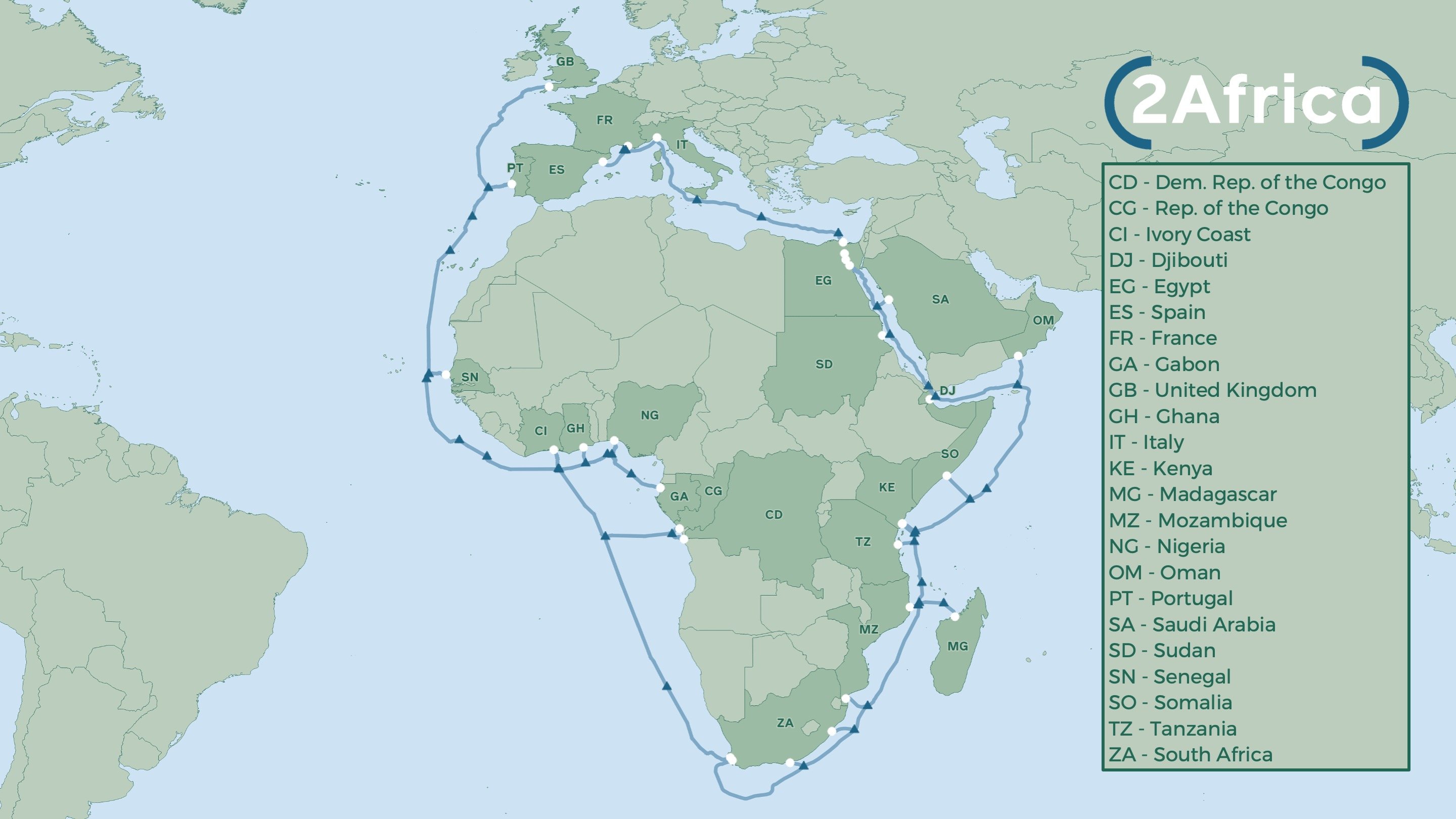 Le tracé du nouveau câble 2Africa qui devrait être mis en service en 2023 ou 2024. © Consortium 2Africa/2020