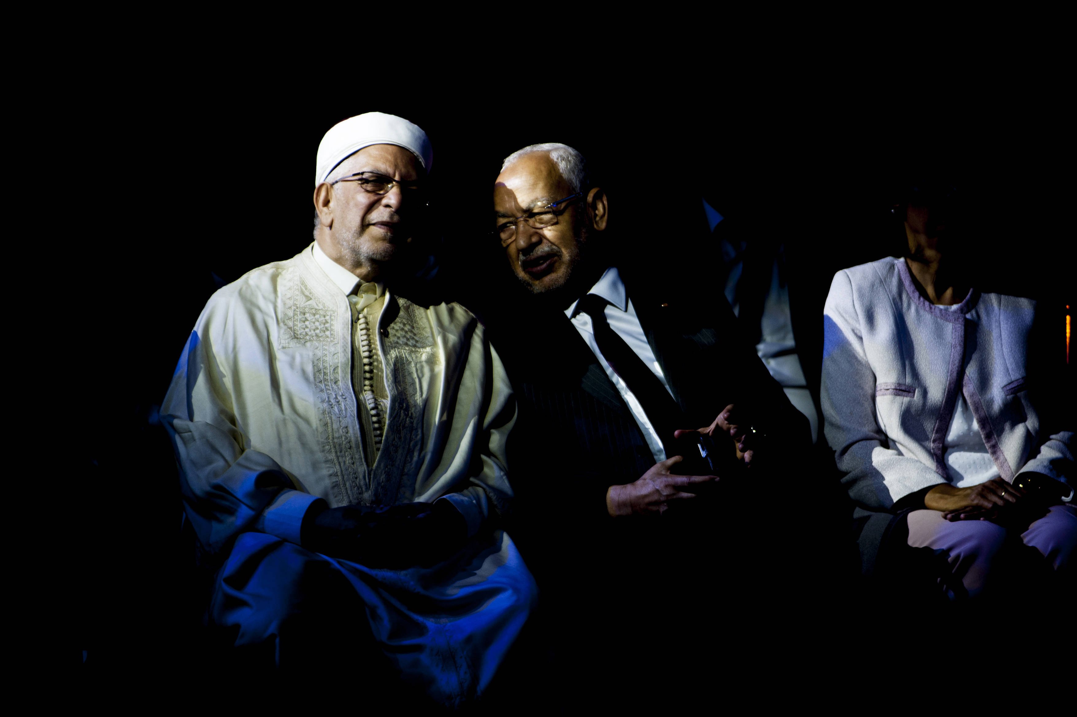 Rached Ghannouchi, le président d'Ennahdha (à droite), et le candidat du parti à l'élection présidentielle, Abdelfattah Mourou, vendredi 30 août 2019 à Tunis (image d'illustration). © Hassene Dridi/AP/SIPA
