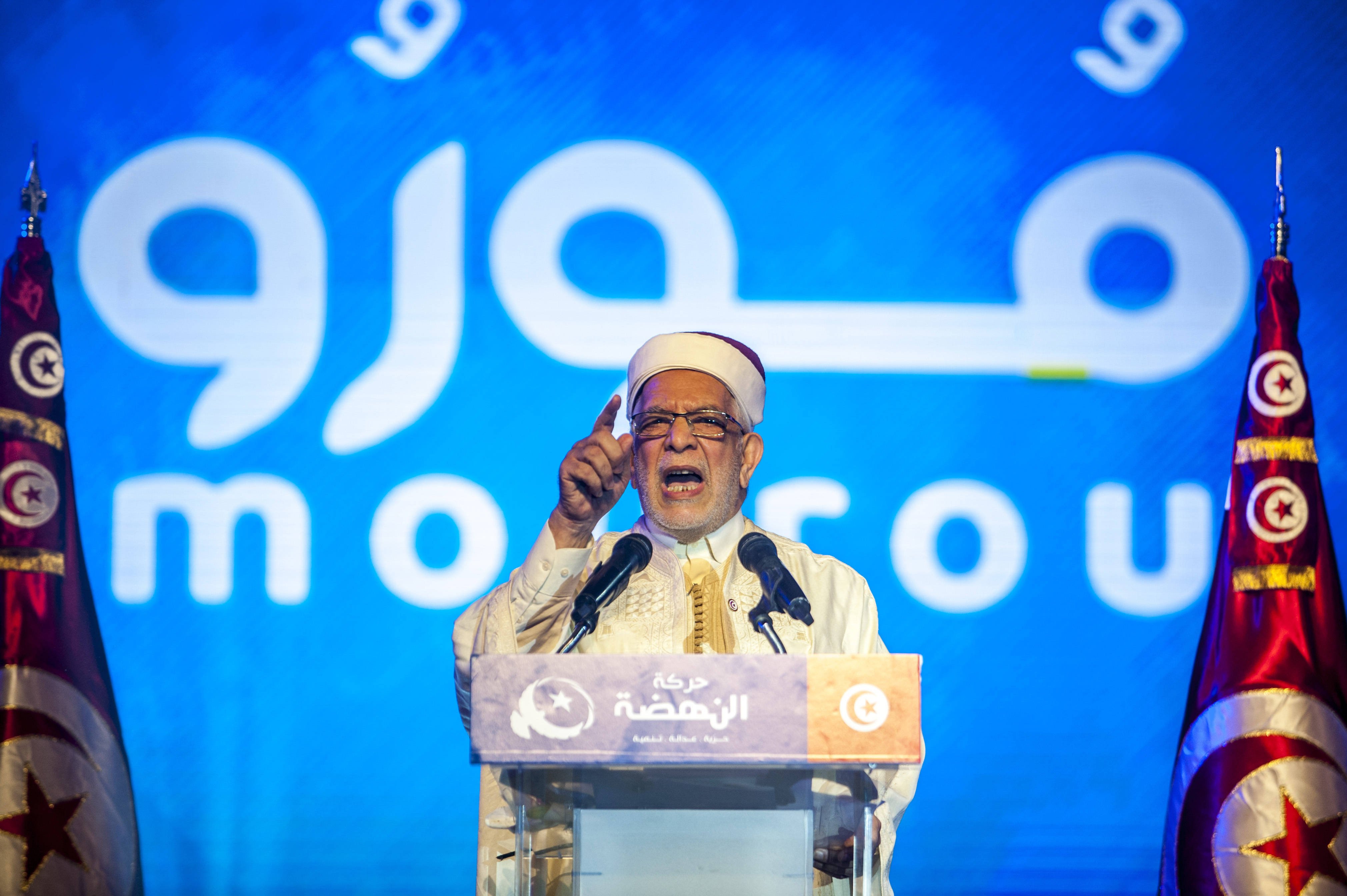 Abdelfattah Mourou, le candidat du parti islamiste Ennahdha à l'élection présidentielle, vendredi 30 août 2019 lors d'un meeting à Tunis. © Hassene Dridi/AP/SIPA