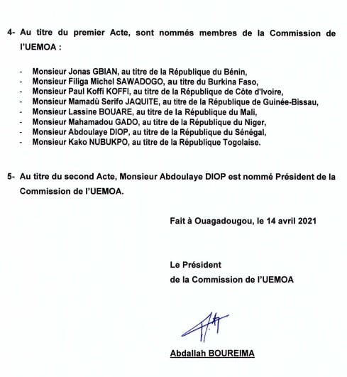 Nouvelle Commission de l’Uemoa – Avril 2021