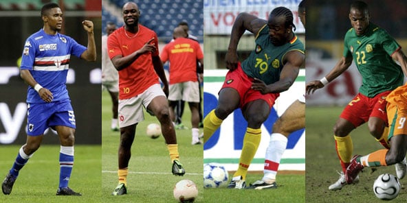 Samuel Eto'o, Patrick Mboma, Patrick Suffo, Albert Meyong Ze, de gauche à droite. © AP/SIPA/Montage J.A.