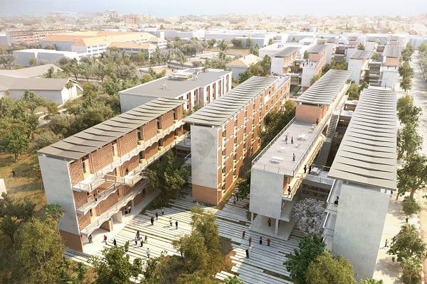 Vue aérienne du projet«Campus sociaux d’excellence» prévu pour l'Ucad à Dakar. © Hardel & Le Bihan – AMSA Realty