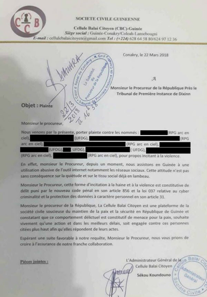 Copie de l'une des plaintes déposées par l'ONG Balai citoyen Guinée le 22 mars 2018. © DR / Document JA