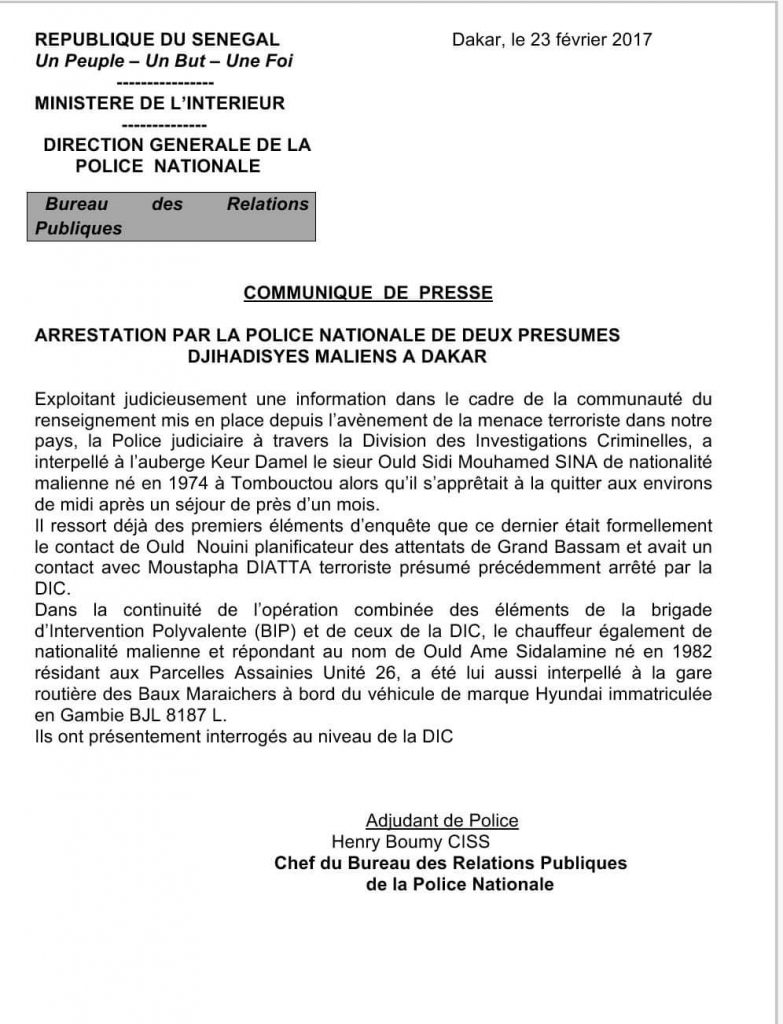 Le communiqué de presse de la direction générale de la police nationale envoyé le 23 février 2017 © Direction générale de la police nationale.