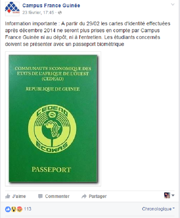 Capture d'écran / Page Facebook Campus France Guinée