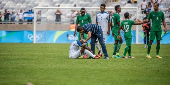 L’équipe du Nigeria victorieuse du Honduras pour la médaille de bronze des Jeux de Rio, le 20 août 2016 à Belo Horizonte.