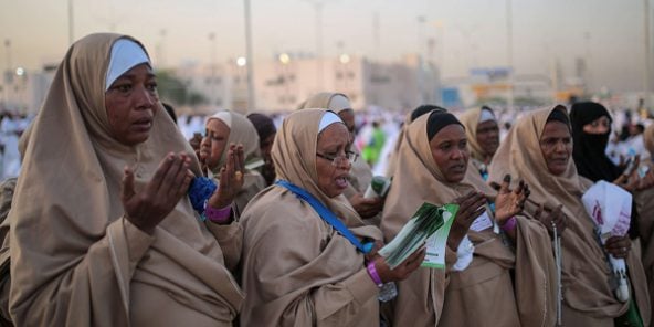 Muslim pilgrims pray underneath a rocky hill called the Mountain of Mercy, near the holy city of Mecca, September 2015.