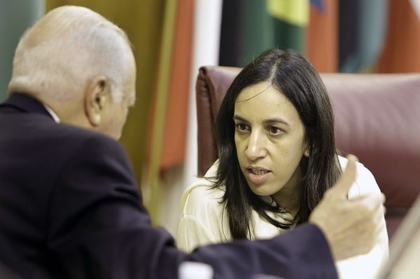 Mbarka Bouaida lors d'une réunion des ministres des Affaires étrangères de la Ligue arabe, en juillet 2014.