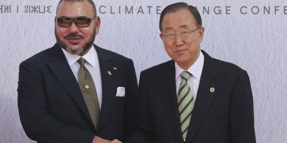 Le roi du Maroc, Mohammed VI, et le Secrétaire général de l’ONU, Ban Ki-moon, à l’ouverture du sommet des chefs d’États lors de la COP22 le 15 novembre 2016.
