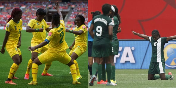 Les équipes de football féminin du Cameroun et du Nigeria, lors de la Coupe du monde 2015 au Canada. © AP/SIPA
