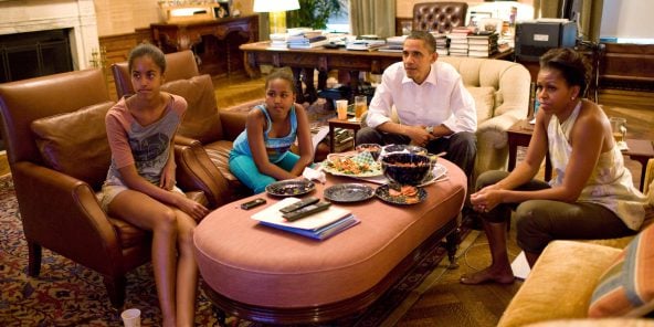 La famille Obama regardant un match de football, à la Maison-Blanche,le 17 juillet 2011.