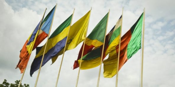 Drapeaux des pays membres de la Cemac au siège de l'organisation, à Bangui, en 2016