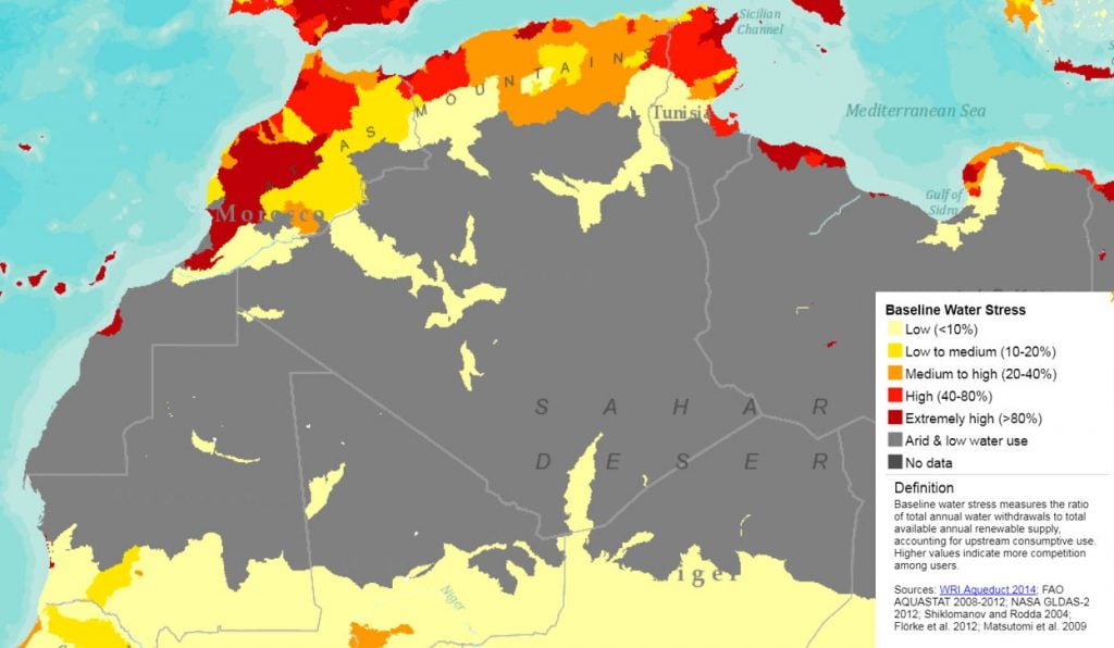 Zones touchées par le stress hydrique en 2010. Légende : graduations de la pénurie de l'eau de
