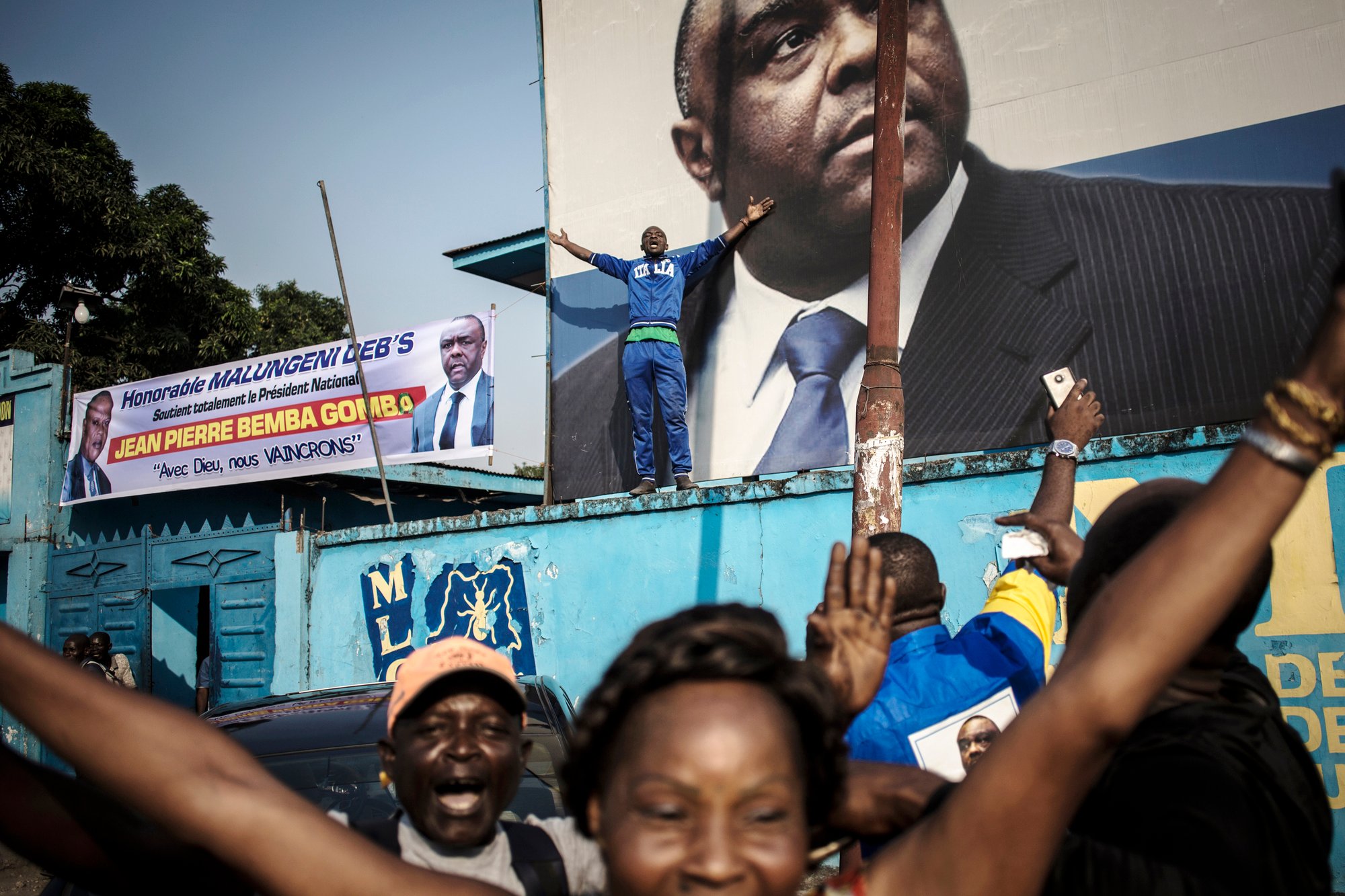 Au quartier général du MLC, à Kinshasa, le jour de l’acquittement de l’ancien chef de guerre par la CPI, le 8 juin.