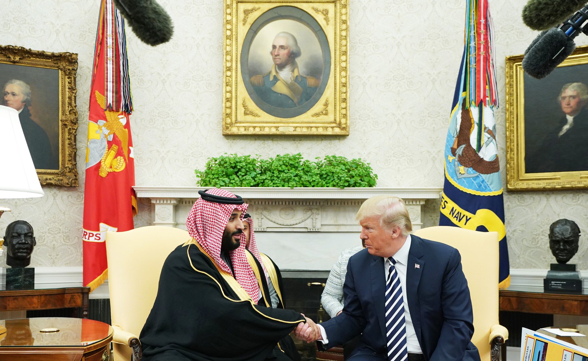 Mohammed bin Salman makes first visit to the US since becoming heir to the throneUS President Donald Trump (R) shakes hands with Saudi Arabia’s Crown Prince Mohammed bin Salman in the Oval Office of the White House on March 20, 2018 in Washington, DC. (Photo by MANDEL NGAN / AFP)