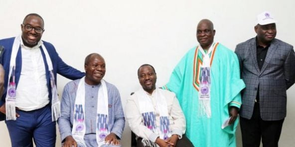 De g. à dr. : Martial Ahipeaud, Albert Mabri Toikeusse, Guillaume Soro, Eugène Djue. Ils se sont réunis le 25 novembre à Abidjan pour créer l’Union des anciens de la Fesci.