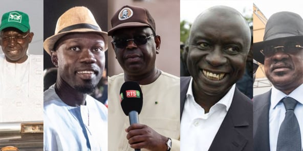 De gauche à droite : Issa Sall, Ousmane Sonko, Macky Sall, Idrissa Seck et Madicke Niang.
