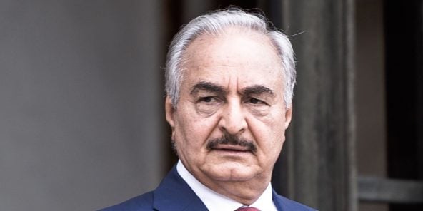 Jean-Yves LE DRIAN ( Ministre Francais des Affaires Etrangeres) et Marechal Khalifa BELQASIM HAFTAR (Commandant en chef de l Armee nationale libyenne).Le President de la Republique, accueille une conference internationale sur la Libye organisee par l Organisation des Nations Unies (ONU). Une vingtaine de pays et quatre organisations internationales se sont reunis autour des dirigeants libyens.Palais de l Elysee, Paris, France, le 29 Mai 2018.The President of the Republic hosts an international conference on Libya organized by the United Nations (UN). About twenty countries and four international organizations gathered around Libyan leaders.Elysee Palace, Paris, France, May 29, 2018.//NICOLASMESSYASZ_2018_05_29a_586a_1/Credit:NICOLAS MESSYASZ/SIPA/1805291334
