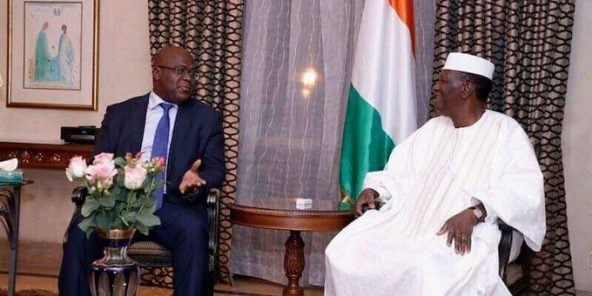 Félkix Tshisekedi, le président congolais, et son homologue ivoirien, en février 2019 à Addis-Abeba.