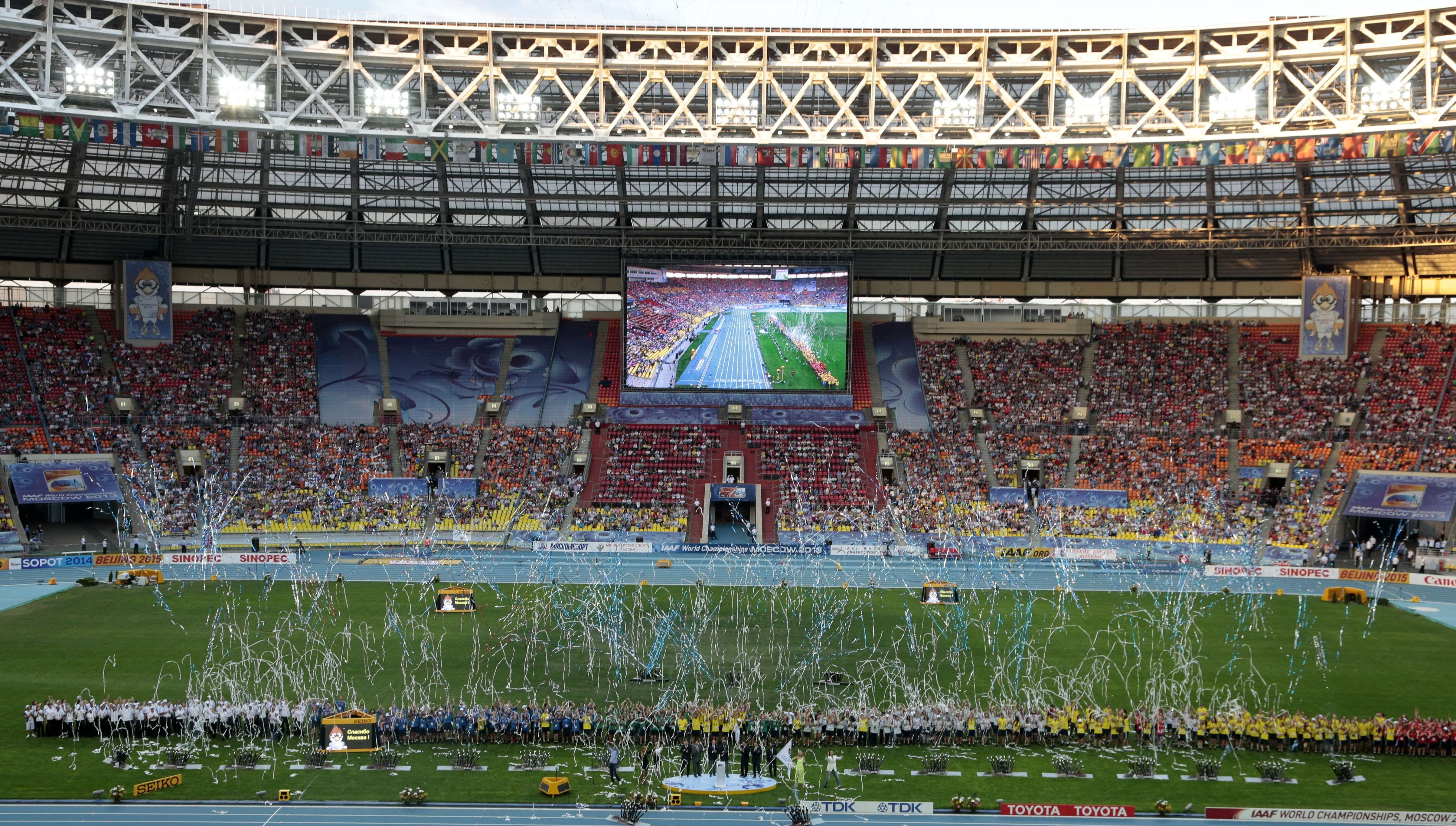 Cérémonie de clôture des Championnats du monde d’athlétisme au stade Luzhniki de Moscou, en Russie, le dimanche 18 août 2013. © Ivan Sekretarev/AP/SIPA