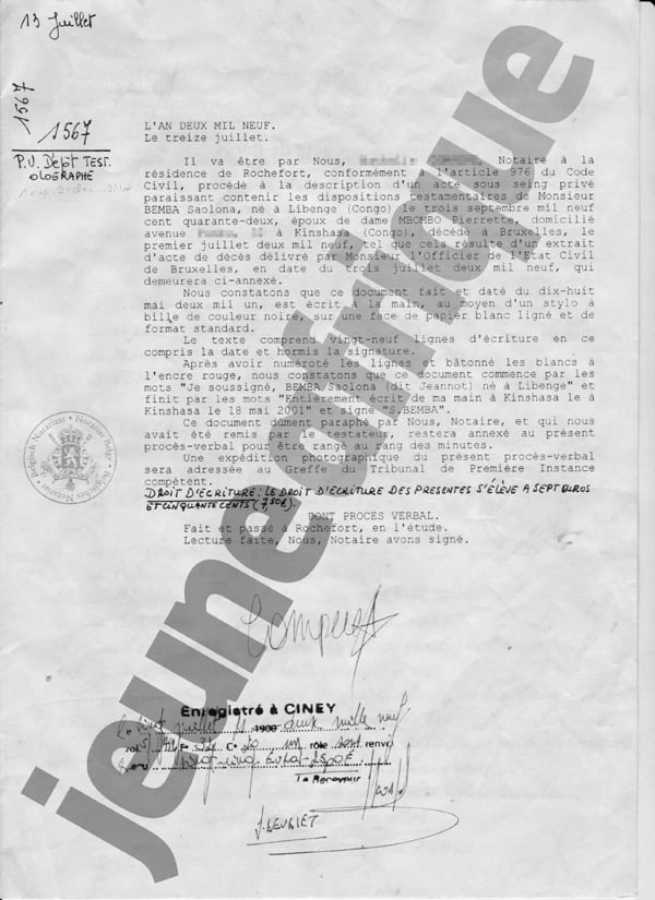 Testament de J.S. Bemba © Document Jeune Afrique
