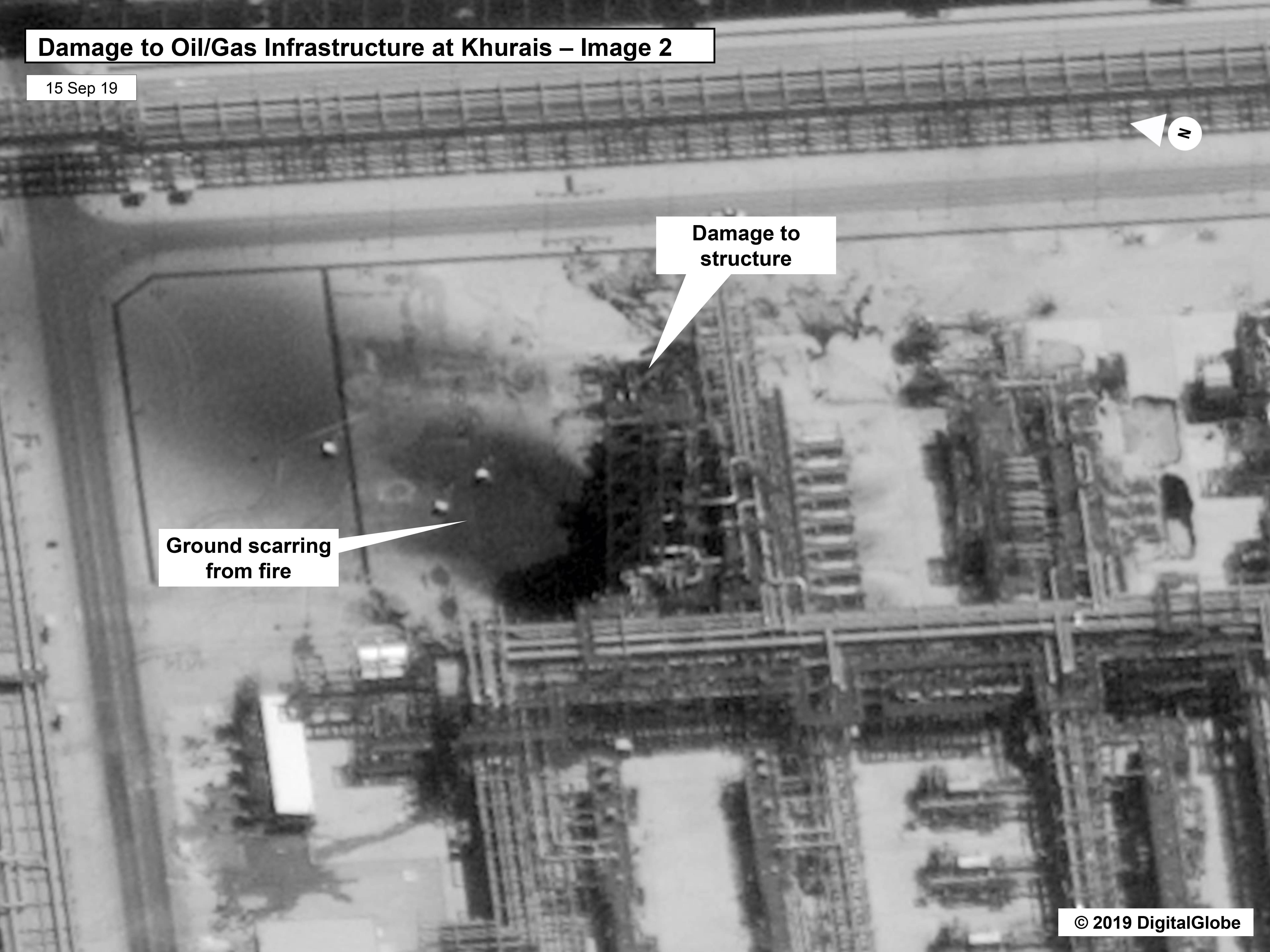 Une image satellite des destructions sur l’un des sites de la compagnie pétrolière Aramco, fournie par le gouvernement américain et DigitalGlobe. © AP/SIPA