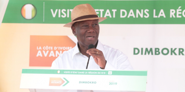 Le président Alassane Ouattara, lors de son discours dans l'enceinte du stade Koné Samba Ambroise de Dimbokro, sa ville natale.
