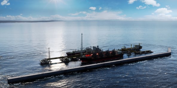 Illustration montrant la future unité flottante de liquéfaction (FLNG) qui sera implantée au large de Saint-Louis, au Sénégal.