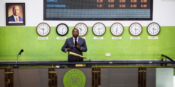 Clôture du Nigerian Stock Exchange (NSE), à Lagos, en avril 2019.