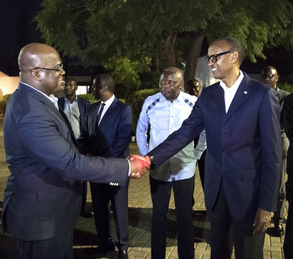 Félix Tshisekedi, avec son homologue rwandais, Paul Kagame, à Kigali, le 24 mars. © Village Urugwiro