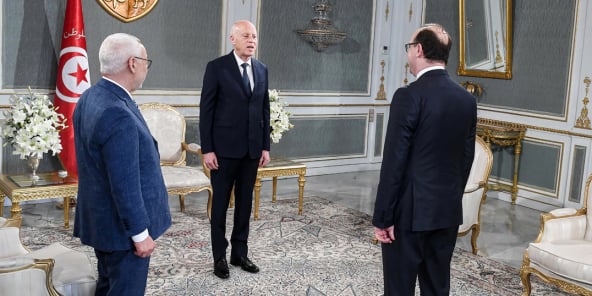 Le président Kaïs Saïed, le patron d'Ennahdha Rached Ghannouchi et le Premier ministre Elyes Fakhfakh.