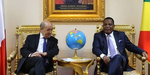 Jean-Claude Gakosso, ministre des Affaires étrangères du Congo et son homologue français Jean-Yves Le Drian, à Brazzaville en 2018.