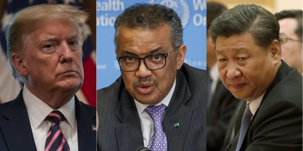 Donald Trump, le président des Etats-Unis ; Tedros Ghebreyesus, le patron de l’OMS ; Xi Jinping, président de la Chine.