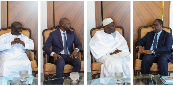De g. à dr. : Idrissa Seck, Ousmane Sonko, Khalifa Sall et Macky Sall, au palais de la République, le 24 mars 2020.