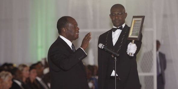 Alassane Ouattara, lors de sa prestation de serment pour son second mandat à la tête de la Côte d'Ivoire, le 3 novembre 2015.