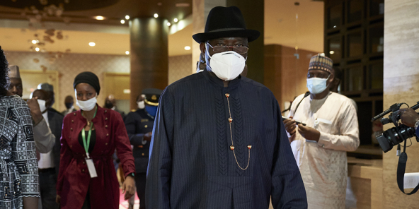 L’ancien président nigérian Goodluck Jonathan, le 23 juillet 2020 à Bamako, où il conduit une médiation pour tenter de sortir de la crise.