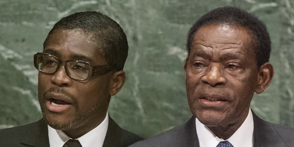 Teodoro Obiang Nguema Mbasogo (à dr.), président depuis 1979, et son fils Teodoro Nguema Obiang Mangue, surnommé Teodorín.