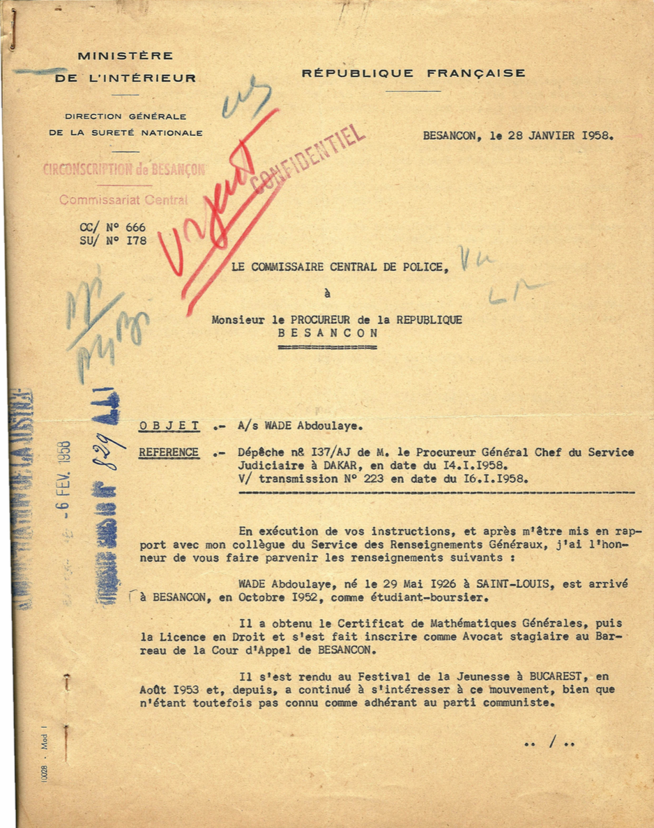 Le courrier du commissaire de police au procureur de Besançon sur les "activités" d'Abdoulaye Wade en 1958 (archives).