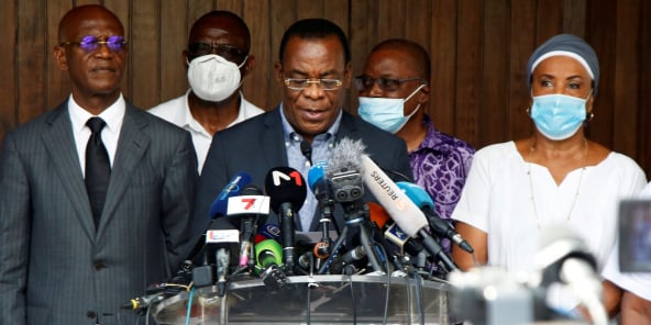 Pascal Affi N’Guessan, président du FPI, lors d’une conférence de presse le 1er novembre au domicile d’Henri Konan Bédié à Abidjan.