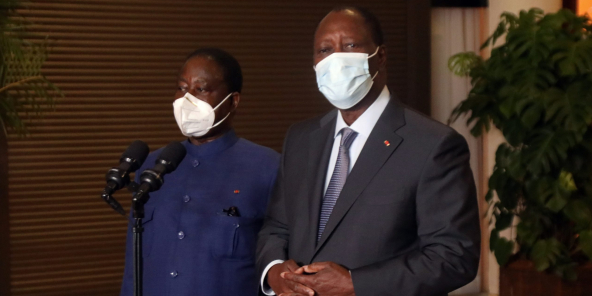 Alassane Ouattara et Henri Konan Bédié, à l’issue de leur rencontre du 11 novembre 2020 à l’hôtel du Golf.