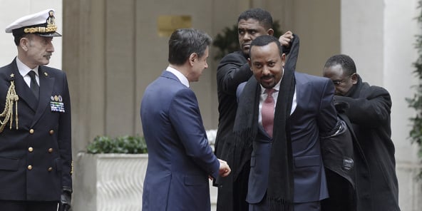 Rencontre entre le Premier ministre italien, Giuseppe Conte, et son homologue éthiopien, Abiy Ahmed, à Rome, le 21 janvier 2019.