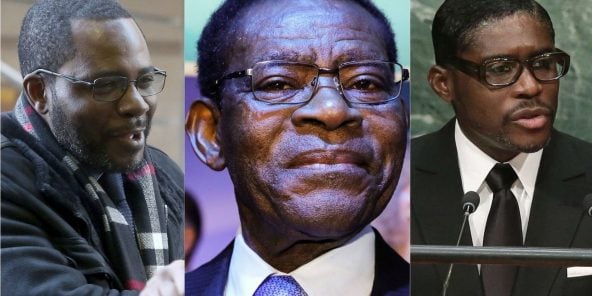 Le président équato-guinéen, Teodoro Obiang Nguema Mbasogo, entouré de ses fils Gabriel (g.) et Teodorín.