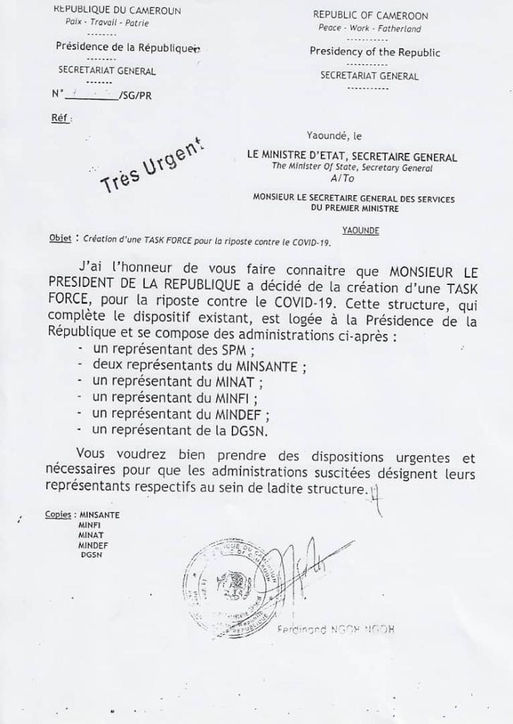 Document portant création de la task force « Covid » au Cameroun.