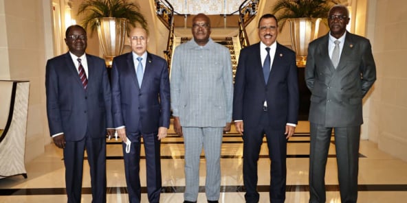 Les chefs d’Etat du G5 Sahel, le 17 mai à l’hôtel The Peninsula Paris.