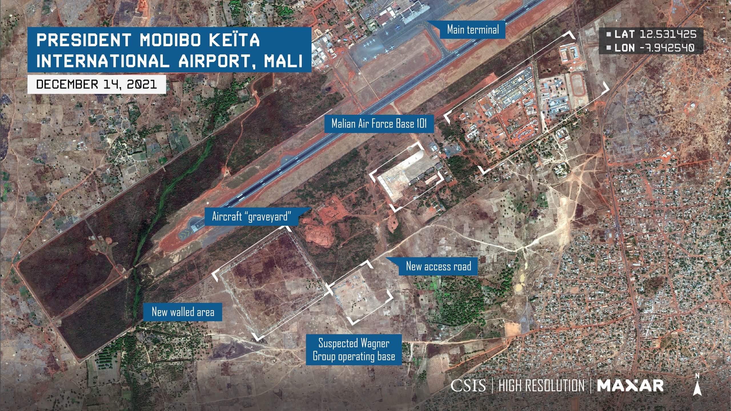 Vue aérienne de l'aéroport de Bamako, le 14 décembre 2021. © Center for strategic and international studies